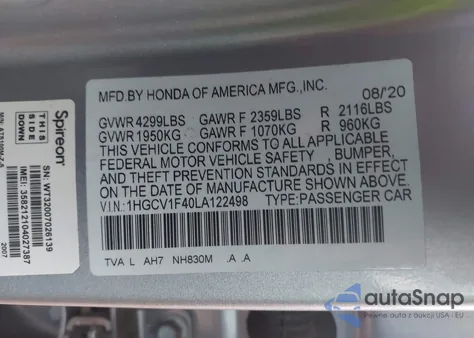 2020 Honda Accord Ex z USA, uszkodzony, nr VIN 1HGCV1F40LA122498